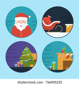 Flat Vector Illustration Set of Different Christmas Scenes. Santa Claus. Sledge, Gift Bag, Fireplace, Christmas Tree and Gifts
