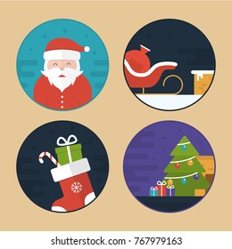 Flat Vector Illustration Set of Different Christmas Scenes. Santa Claus. Sledge, Gift Bag, Sock, Christmas Tree and Gifts