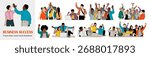 Flat vector illustration set of diverse business teams celebrating success, high-fives, teamwork, victory, motivation, and achievement in modern office scenes, corporate celebration concept
