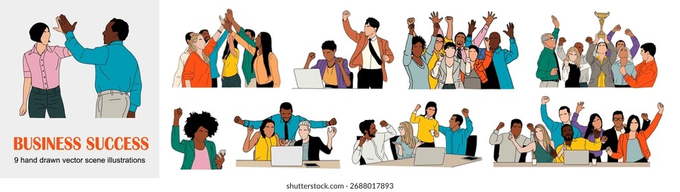 Vetor plano ilustração conjunto de diversas equipes de negócios celebrando o sucesso, high-fives, trabalho em equipe, vitória, motivação e realização em cenários de escritório modernos, conceito de celebração corporativa