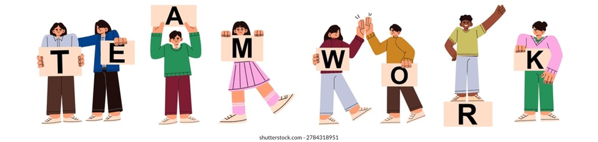 Flat vector illustration set of diverse people holding placards spelling the word TEAMWORK. Colorful cartoon character collection isolated on white background featuring business corporate team partners giving high fives, standing on a podium, and celebrating victory. Simple modern design clip art for human resources banner, company collaboration flyer, and web graphic.