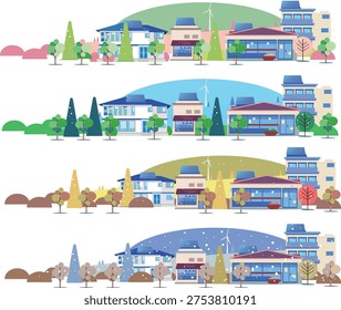 Flat vector illustration set of eco-friendly city street and houses with solar panels in four seasons
