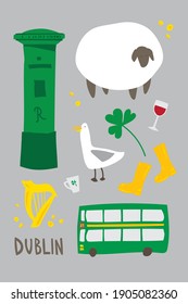 Flat vector illustration set, famous symbols of Dublin, ๋Ireland on a gray background. Postbox, Bus, Seagull, Harp, Sheep, Clover, Rubber boots, Golden coins. Sticker collection, Doodle