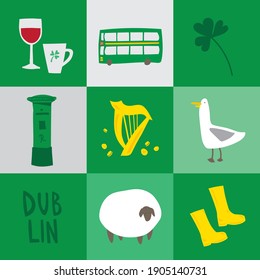 Flat vector illustration set, famous symbols of Dublin, ๋Ireland on a gray, green background. Postbox, Bus, Seagull, Harp, Sheep, Clover, Rubber boots, Golden coins. Square Sticker collection, Doodle