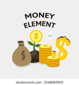 Flat vector illustration set featuring money growth concepts, including a money tree, dollar symbol, coin stacks, and a money bag. Perfect for business, finance, investment, and economy designs.