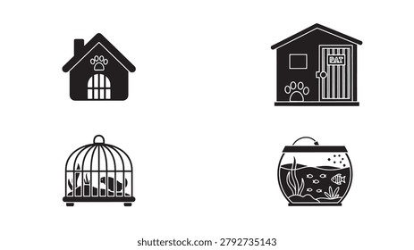 Flat vector illustration set featuring four distinct black and white pet housing icons including a dog house with a paw print a kennel a bird cage containing a small bird and a round fish bowl filled with water plants and tiny swimming fish for home animal care