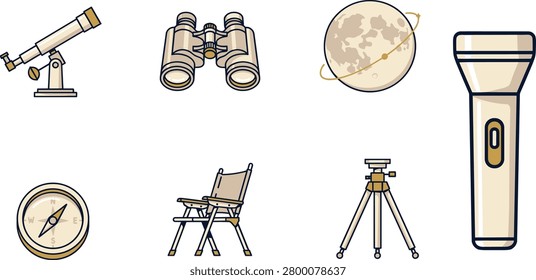 Flat vector illustration set featuring essential outdoor exploration and observation tools, including a telescope, binoculars, compass, flashlight, tripod, and camping chair. Suitable for adventure, astronomy, camping, navigation, travel, and educational projects.