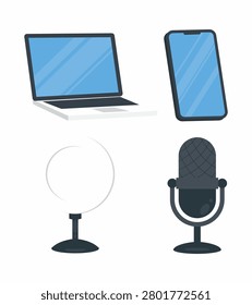 Flat vector illustration set featuring essential content creator equipment including laptop, smart phone, microphone, and ring light for streaming, podcast, video production, and digital media.