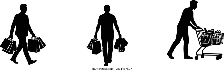 Flat vector illustration set featuring customer silhouettes carrying shopping bags and pushing a grocery cart in various retail shopping poses. Ideal for ecommerce, retail stores, supermarkets, shopping campaigns, consumer behavior, and commercial design projects.