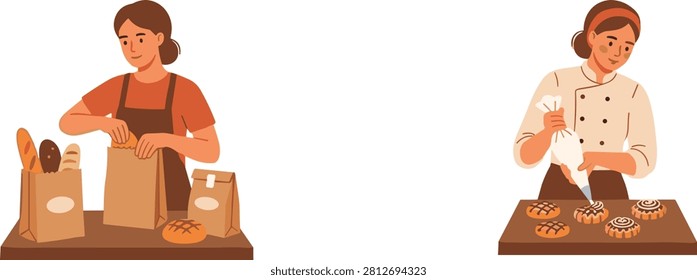Flat vector illustration set featuring a bakery worker packaging fresh bread and a pastry chef decorating baked goods with piping icing. Perfect for bakeries, pastry shops, food businesses, culinary education, menus, websites, and marketing materials.