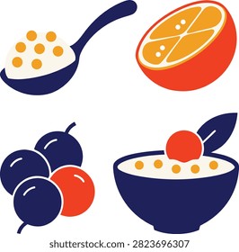 Flat vector illustration set featuring a healthy smoothie bowl, spoon, sliced orange, and fresh plums for nutritious breakfast concepts.