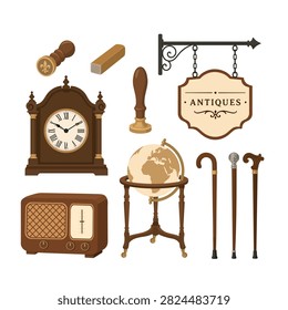 Flat vector illustration set featuring antique collectibles including a vintage clock, retro radio, globe, wax seals, walking canes, hanging shop sign, and classic memorabilia, isolated on a white background.
