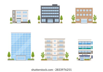A flat vector illustration set featuring various building exteriors, including office buildings, apartments, and commercial facilities. Perfect for creating cityscapes, web designs, or business promotional materials.