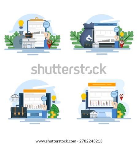 Flat vector illustration set featuring accounting system, financial reports, and budget management, symbolizing business finance organization and expense tracking concept.