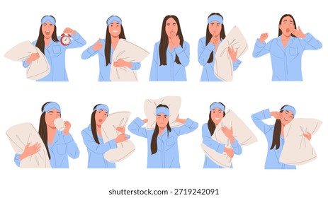 Conjunto de Ilustración vectorial plana de un personaje femenino que lleva ropa de dormir, sostiene la almohada, bosteza, despierta, duerme, bebe y se relaja. Concepto de rutina de sueño, hábitos a la hora de acostarse, sueño saludable, descanso, comodidad, estilo de vida nocturno y matutino aislado