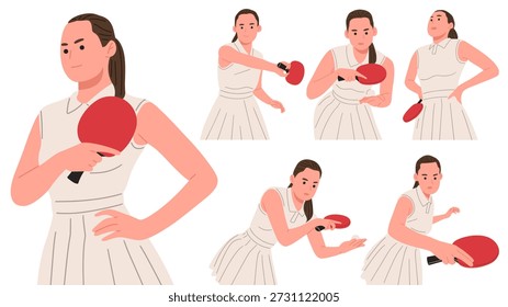 Flat vector illustration set of a female table tennis player holding a paddle and performing various serving, hitting, and ready stances. Cartoon style character showing focus, agility, and sportsmanship. Ideal for table tennis training materials, sports education, fitness concepts, posters, mobile apps, websites, and athletic or competition-related designs.