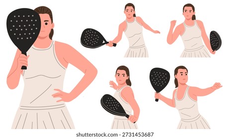 Vetor plano ilustração conjunto de um padel feminino ou jogador de pickleball em diferentes poses de ação. Mulher segurando um remo, realizando movimentos na mão e no dorso, isolada no fundo branco. Adequado para conceitos esportivos, fitness, recreação, treinamento, promoção de torneios e design atlético moderno.
