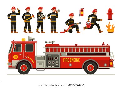 плоский векторный набор иллюстраций пожарного автомобиля и пожарного