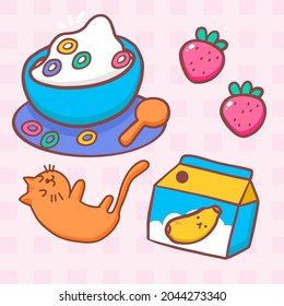 Flat vector illustration set of food and drink icons. Breakfast on the table consisted of cornflakes, milk, strawberries, banana milk. Object for game, chat, social media, publishing and books novel