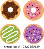 Flat vector illustration set of four delicious glazed donuts featuring chocolate with sprinkles, strawberry pink glaze, matcha green tea with white drizzle, and purple taro glaze. Ideal for bakery menus, cafe branding, dessert packaging, web banners, stickers, and UI design.