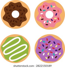 Flat vector illustration set of four delicious glazed donuts featuring chocolate with sprinkles, strawberry pink glaze, matcha green tea with white drizzle, and purple taro glaze. Ideal for bakery menus, cafe branding, dessert packaging, web banners, stickers, and UI design.
