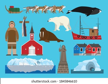 Flat vector illustration set of
Greenland consisting of landmark attractions and cultures