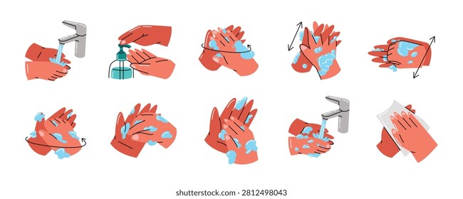 Flat vector illustration set of hand washing step by step instructions. Flat vector illustration set of medical hand washing instructions and hygiene care