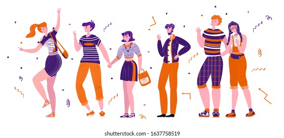 Flat vector illustration with set happy, fashionable, young people who are united in group. They greet each other, talk, show. There are different ages, couples. Use web design, postcards, banners etc