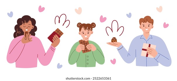 Vetor plano ilustração conjunto de pessoas felizes comendo chocolate. Personagens de desenhos animados segurando barras de chocolate, caixa de presente, desfrutando de doces. Sobremesas para o Dia dos Namorados, Natal com amor