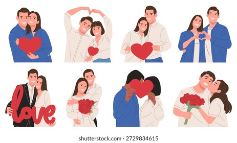 Conjunto de Ilustración vectorial plana de parejas románticas felices que expresan amor a través de abrazos, símbolos del corazón, flores y gestos cariñosos. Personajes de dibujos animados modernos que muestran romance, relaciones y conexión emocional. Ideal para diseños de San Valentín, temas de bodas, historias de amor, tarjetas de felicitación, redes sociales, carteles y gráficos de marketing.