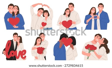 Flat vector illustration set of happy romantic couples expressing love through hugs, heart symbols, flowers, and affectionate gestures. Modern cartoon characters showing romance, relationships, and emotional connection. Ideal for Valentine’s Day designs, wedding themes, love stories, greeting cards, social media, posters, and marketing visuals.