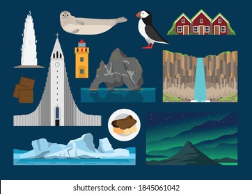 Flat vector illustration set of
Iceland consisting of landmark attractions and cultures