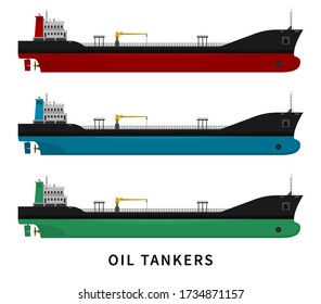 Flat vector illustration set isolated of cargo ship with fuel and petroleum transport import export industry. Nautical vessel in the ocean. Black red green blue oil tanker isolated on white background