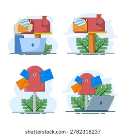 Flat vector illustration set of mailbox and full letterbox icon, representing postal service, mail delivery, communication system, and post office concept.