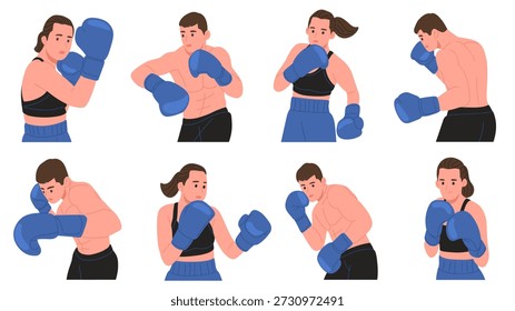 Flat vector illustration set of male and female boxers wearing boxing gloves, shown in various fighting, punching, and defensive stances. Cartoon style characters representing strength, focus, training, and athletic performance. Suitable for boxing training materials, fitness and gym concepts, combat sports visuals, posters, mobile apps, websites, and sports marketing designs.