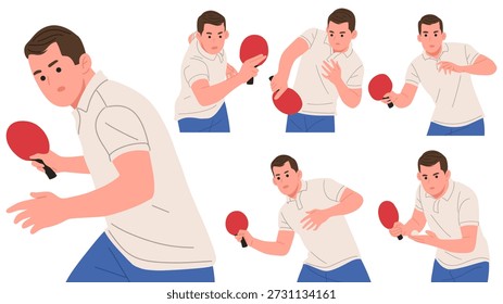 Conjunto de Ilustración vectorial plana de un jugador de tenis de mesa masculino en diferentes poses de acción. Atleta de ping pong que sostiene la paleta roja, aislada en el fondo blanco. Estilo de dibujos animados minimalista adecuado para el diseño deportivo, conceptos de entrenamiento, infografías, carteles, Sitios web, App y marca atlética.