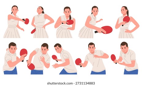 Conjunto de Ilustración vectorial plana de jugadores de tenis de mesa masculinos y femeninos en varias poses de acción. Atletas de ping pong sosteniendo paletas rojas, aisladas sobre fondo blanco. Estilo de dibujos animados limpio adecuado para el diseño deportivo, conceptos de entrenamiento, competiciones, infografías, carteles, Sitios web, App y marca atlética.