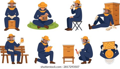 Flat vector illustration set of a male beekeeper character in protective suit sitting, inspecting queen cage, drinking water, holding honey jar, writing notes, and examining honeycomb frame.
