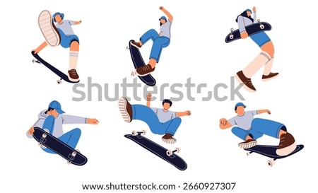 Flat vector illustration set of male and female skateboarders performing various freestyle tricks. Dynamic and urban action poses for youth, sport, and street lifestyle concepts.