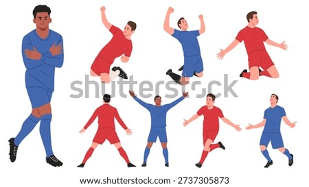 Flat vector illustration set of male soccer players celebrating a goal in various dynamic poses such as jumping, sliding, raising arms, and victory gestures. Isolated on white background with modern minimal cartoon style. Perfect for football match highlights, sports branding, tournament promotions, fan content, social media, posters, and digital campaigns.