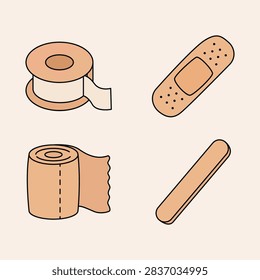 Flat vector illustration set of medical wound care items featuring adhesive tape, plaster bandage, gauze roll, and tongue depressor.