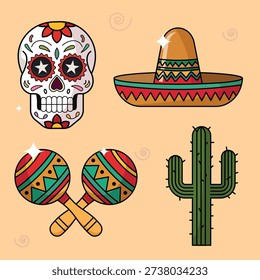 Flat vector illustration set of Mexican cultural icons including sugar skull, sombrero, maracas, and cactus. Colorful decorative elements inspired by Mexican folklore and festivals, perfect for posters, stickers, educational materials, and travel themes.