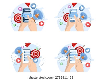 Flat vector illustration set of mobile referral campaign with contact sharing and email invitations, perfect for friend recommendation systems and online promotion layouts.
