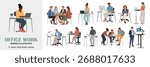 Flat vector illustration set of modern office work scenes with diverse professionals using laptops, collaborating, and meeting in contemporary workplaces, business teamwork concept