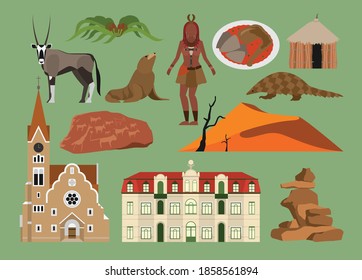 Flat vector illustration set of
Namibia consisting of landmark attractions and cultures