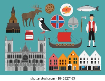 Flat vector illustration set of
Norway consisting of landmark attractions and cultures