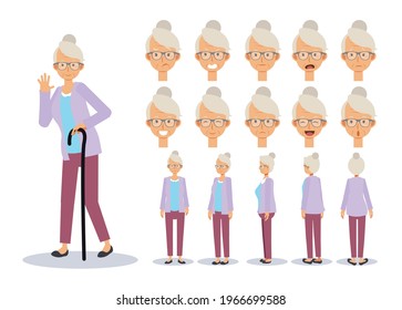 Flat Vector Illustration Set Of Old Lady ,Front, Side, Back View . Emotion Expression. Animated Character.