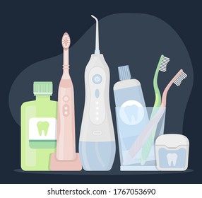 Flat vector illustration set of oral care hygiene products and dental cleaning tools standing together on dark background. Electric toothbrush, paste in a glass, floss, irrigator, waterpick, mouthwash