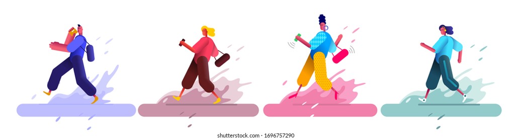 Flat vector illustration. A set of vector people walking down the street. Trendy style of illustration of people.