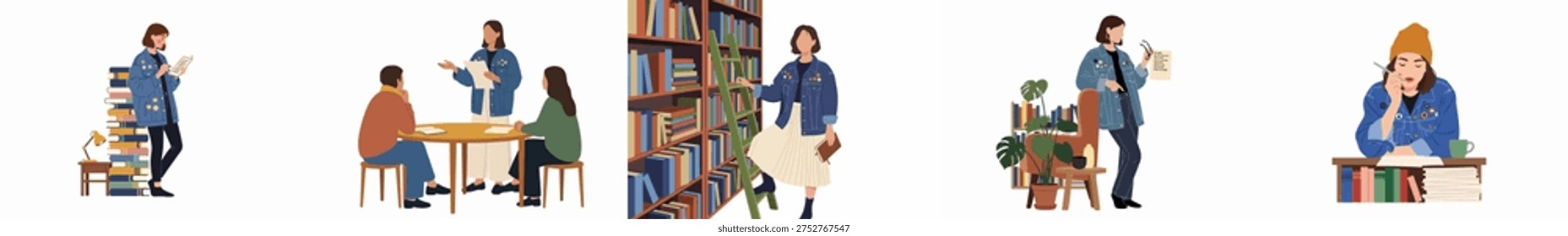 Flat vector illustration set of people studying, reading, and researching in a library or learning environment.